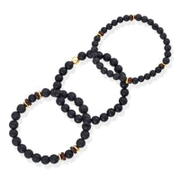 SET OF 3 - MATTE BLACK AGATE, LAVA, WOOD AND GOLD HEMATITE