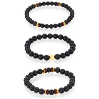 SET OF 3 - MATTE BLACK AGATE, LAVA, WOOD AND GOLD HEMATITE