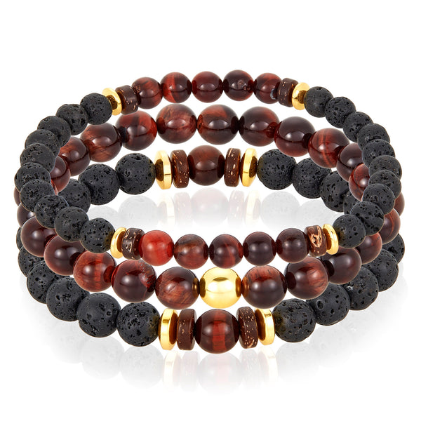 SET OF 3 - RED TIGERS EYE, LAVA, WOOD AND GOLD HEMATITE