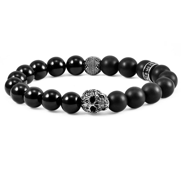 STAINLESS STEEL SKULL POLISHED ONYX BRACELET