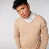 Beige V-neck sweater with elbow patches