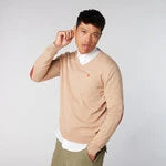 Beige V-neck sweater with elbow patches